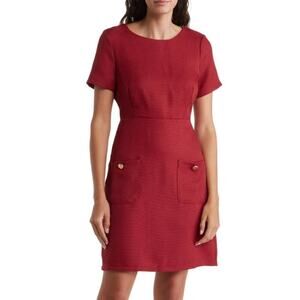 Tahari ASL Dress Tweed Short Sleeve Patch Pocket A-Line Shift Mini Brick Red 4